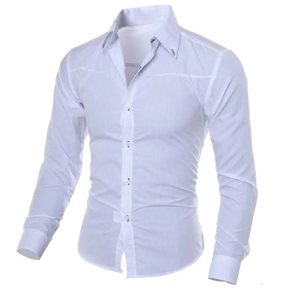 Camisa de vestir de negocios para hombre, de lujo, informal, social, formal, con solapa, manga larga, corte ajustado, color liso
