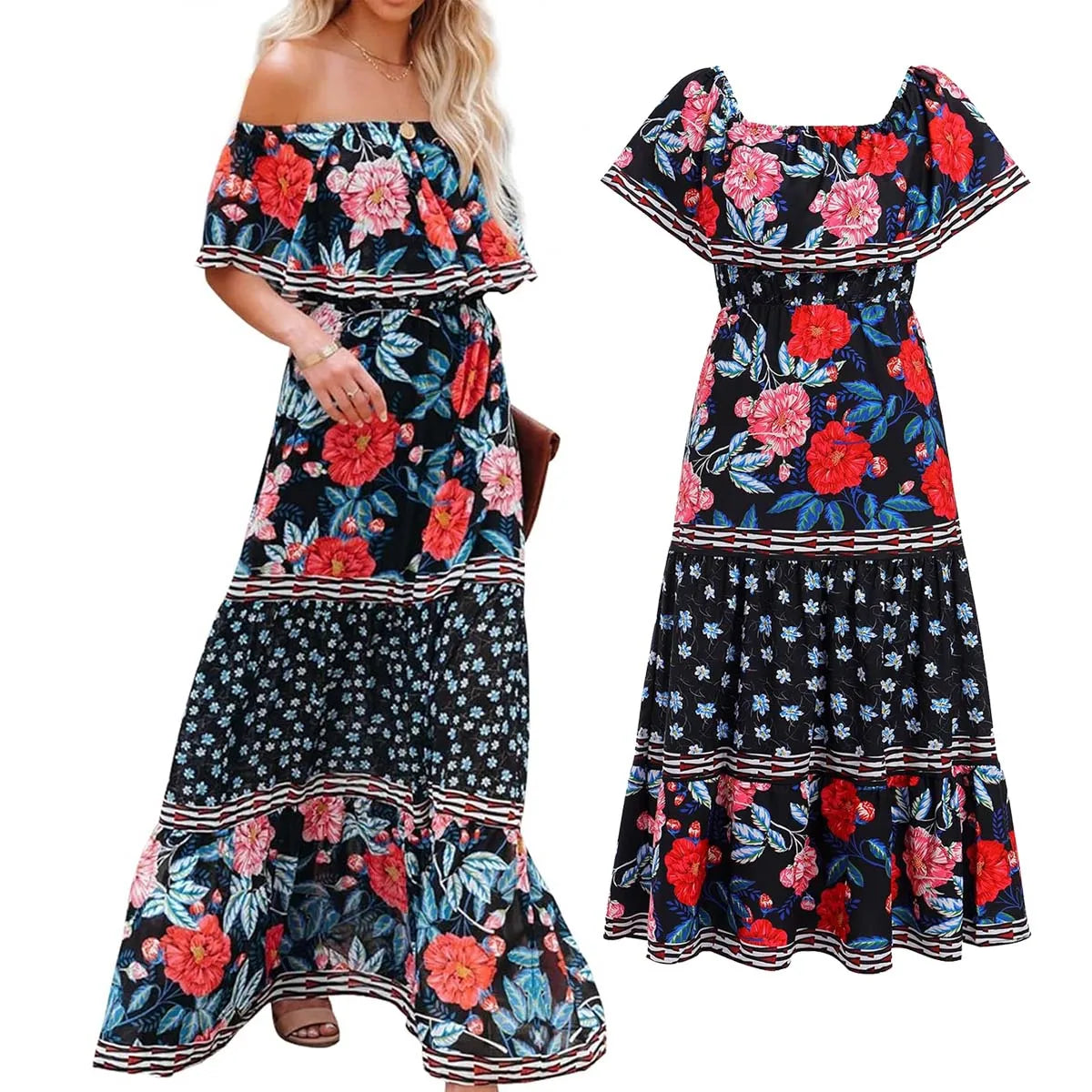 Vestido mexicano tradicional étnico mexicano del Cinco de Mayo con estampado floral de verano y hombros descubiertos para mujer