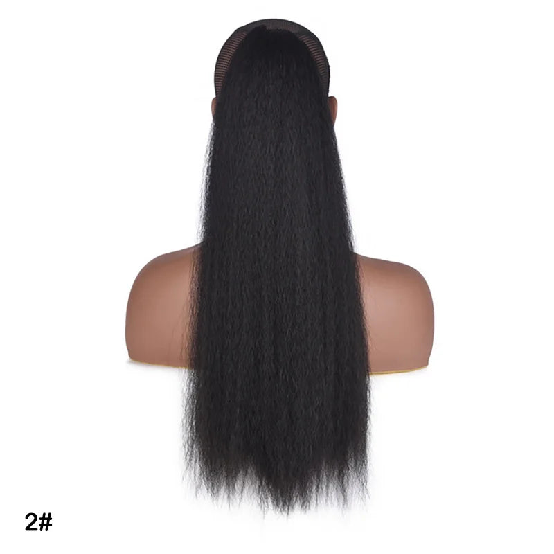 Synthetic Afro Ponytail Extension Long Yaki Curly Puff Kinky Wavy Soft Heat Resistant Black Hair for Women Daily Use