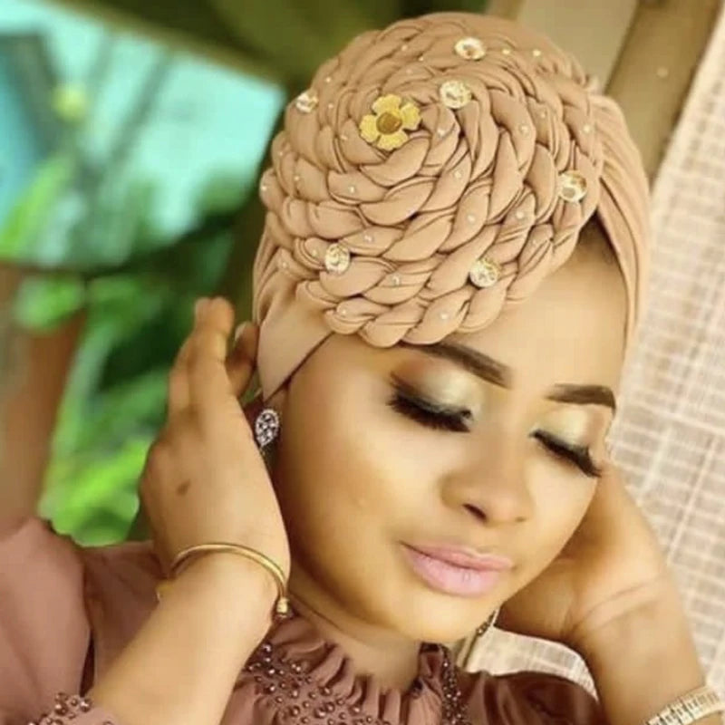 Diamonds Braids Turban Hat for Women Muslim Headscarf Bonnet Female Inner Hijabs Arab Head Wraps African Headtie Caps