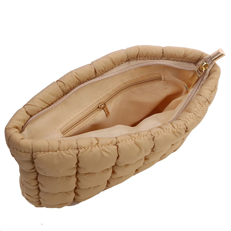 Neceser acolchado para mujer, bolsa de almacenamiento de maquillaje acolchada, neceser hinchable, bolsa organizadora de cosméticos grande, bolso de mano, estuche de belleza