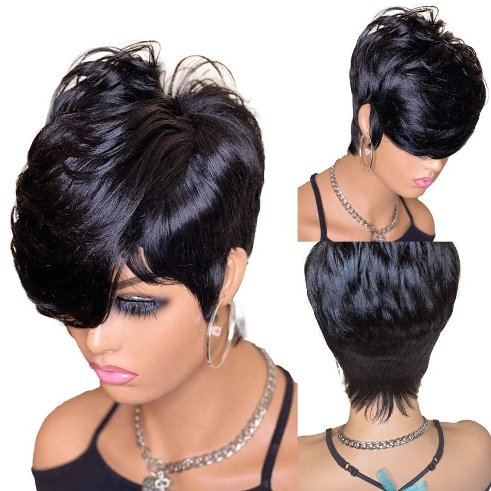 Short Pixie Bob Human Hair Wig – Layered Wavy Style with Bangs