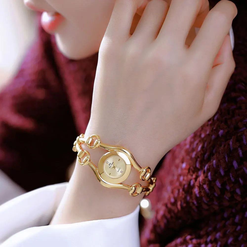 Relojes de lujo de moda para mujer Nuevos relojes de pulsera vintage dorados de lujo para mujer Reloj de cuarzo de vestir para mujer Relogio Feminino