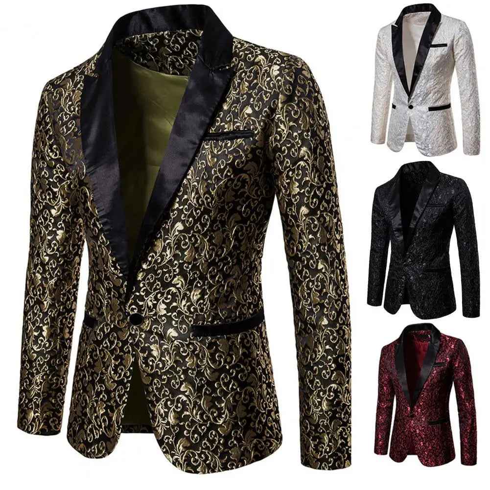 Chaqueta de hombre de lujo con jacquard, un botón, corte ajustado, cuello vuelto, de alta calidad, para bodas y banquetes
