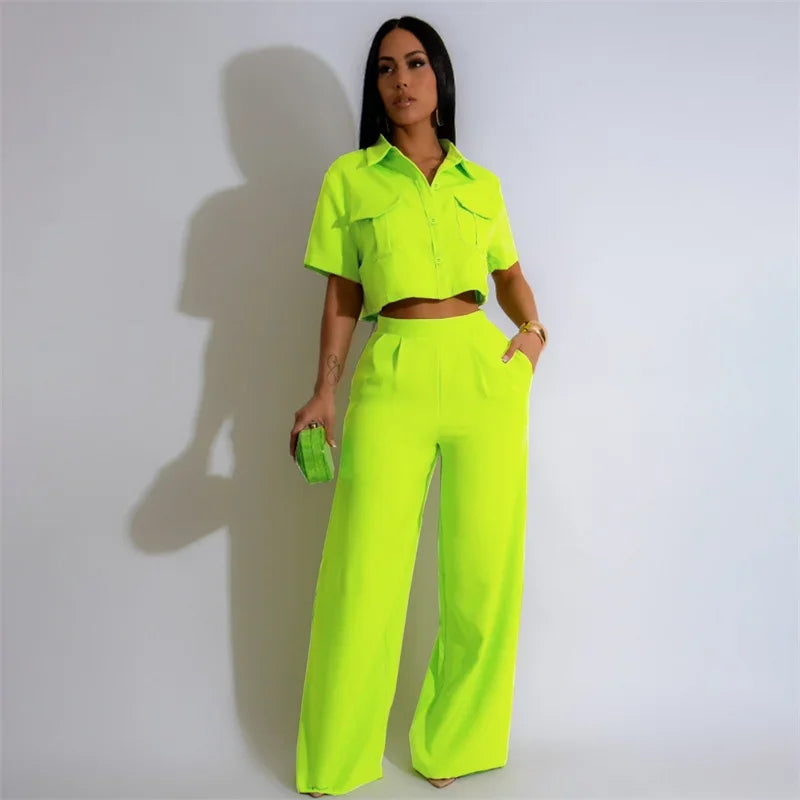 Conjuntos de pantalón elegante sólido de mujer, atuendo de 2 piezas para verano 2024, top de camisa con botones, cuello vuelto y bolsillos, y traje de pantalones de pierna ancha