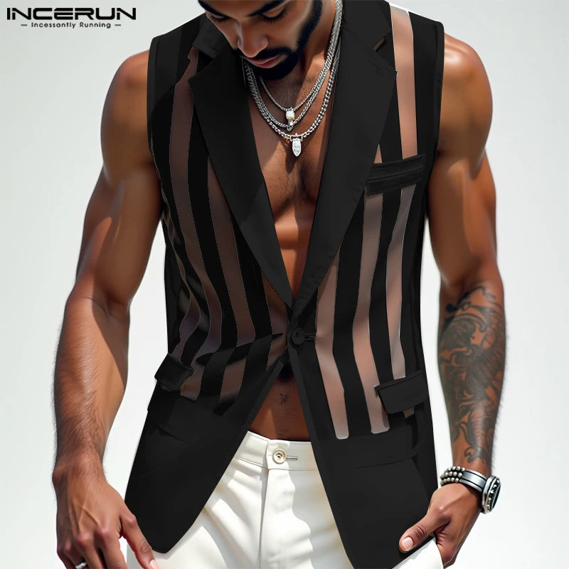 Men Vests Mesh Striped Transparent Sexy Lapel Sleeveless One Button Male Waistcoats Streetwear 2025 Fashion Casual Vests INCERUN
