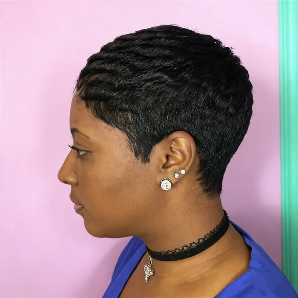 short straight layered human hair wig machine made PIXIE BLACK color for women daily party use wig pixie cut wig