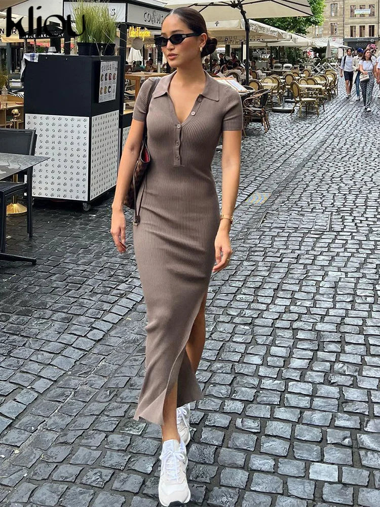 Kliou Élégant Bureau Dame Maxi Robe Femmes Solide Mode Col Rabattu Manches Courtes Bouton Fente Latérale Corps-Formant Rue Robe