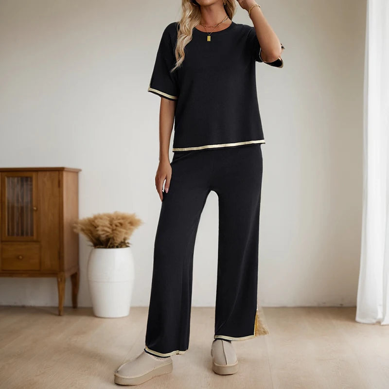 Conjunto de dos piezas de ropa de mujer, moda primavera verano, informal, cuello redondo, blusa de manga corta, pantalones de pierna ancha a juego