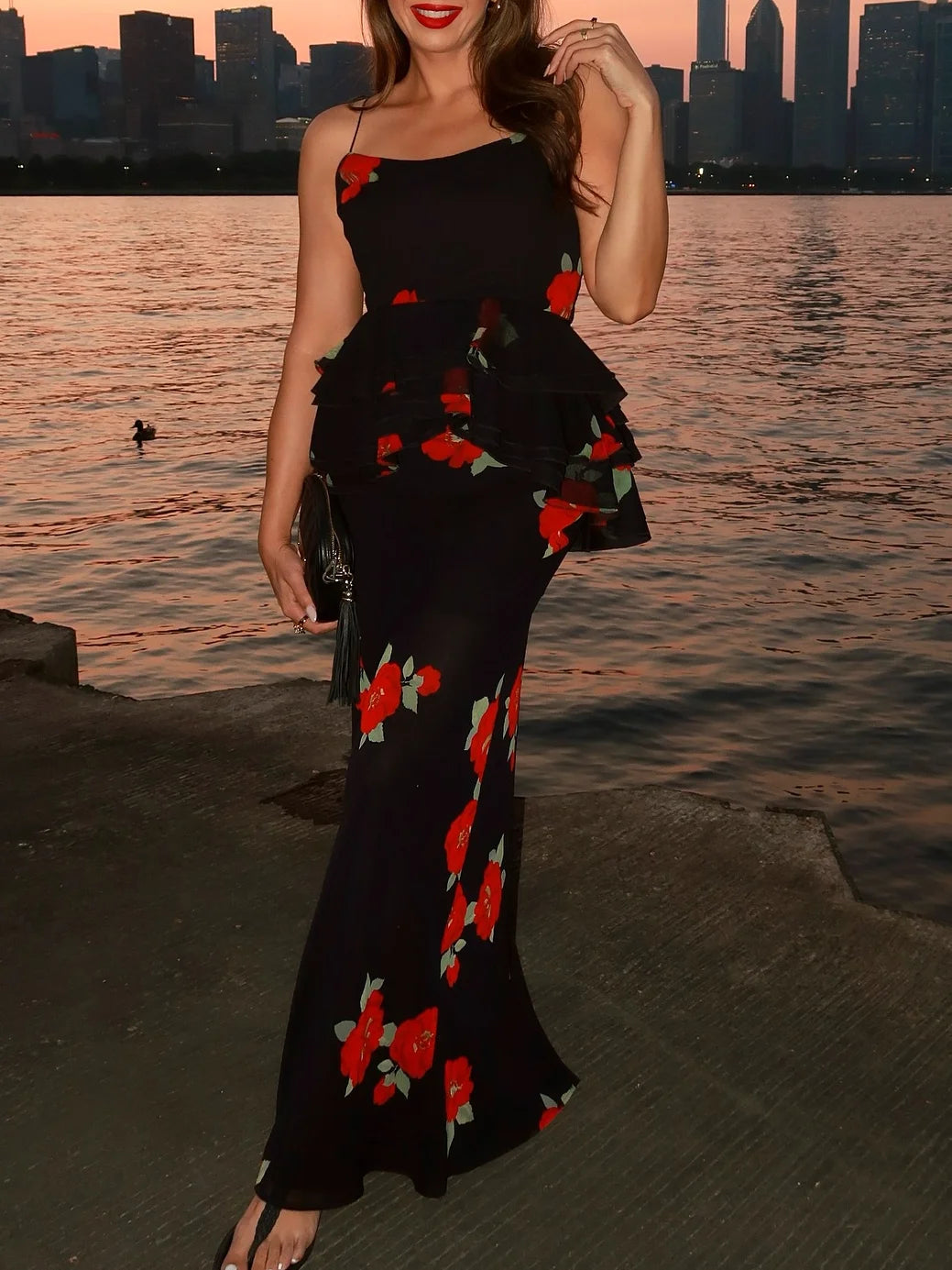 Women's Summer Skirt Sexy Two Piece Set Fashion Flower Print Holiday Party Suspender Top High Waist Slim Midi Skirt