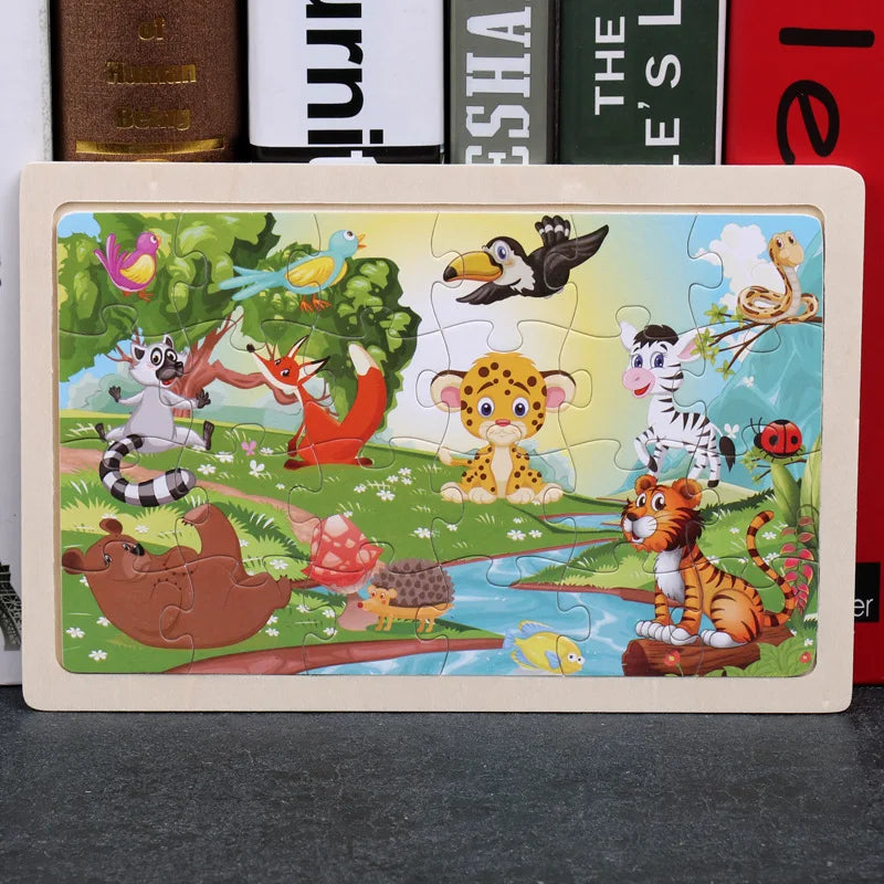 Rompecabezas de madera de 24 piezas para niños, diseño de animales de dibujos animados, juguete educativo temprano de madera para niños, regalo