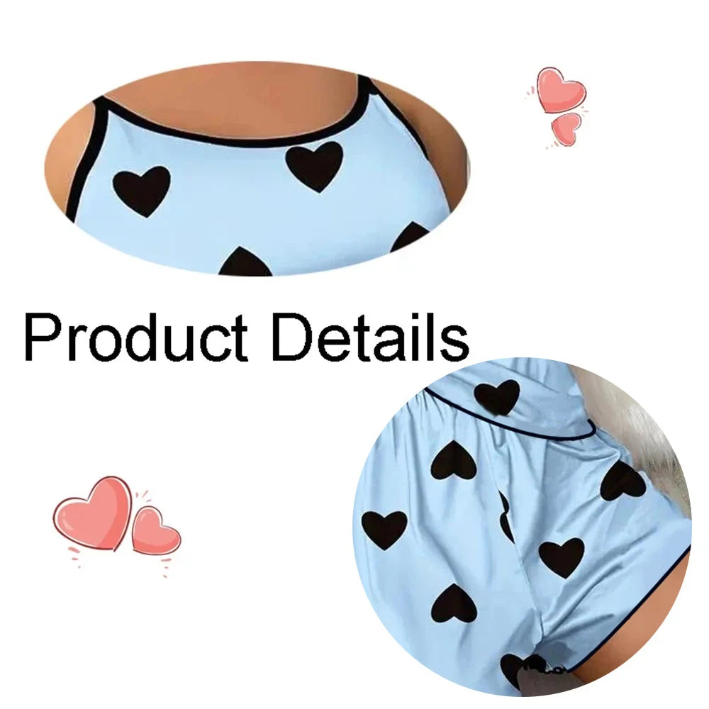 Conjunto de pijama para mujer Pijamas Camisetas Pantalones cortos Estampado de corazón rosa Camiseta de cuello redondo Top de seda de hielo Cómodo Informal Verano