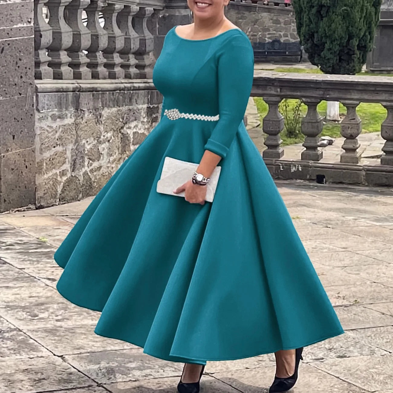 Vestidos de lujo para mujer, cuello redondo, manga larga, con cinturón en la cintura, cintura alta, plisados, línea A, hasta el tobillo, elegantes vestidos de cumpleaños para mujer