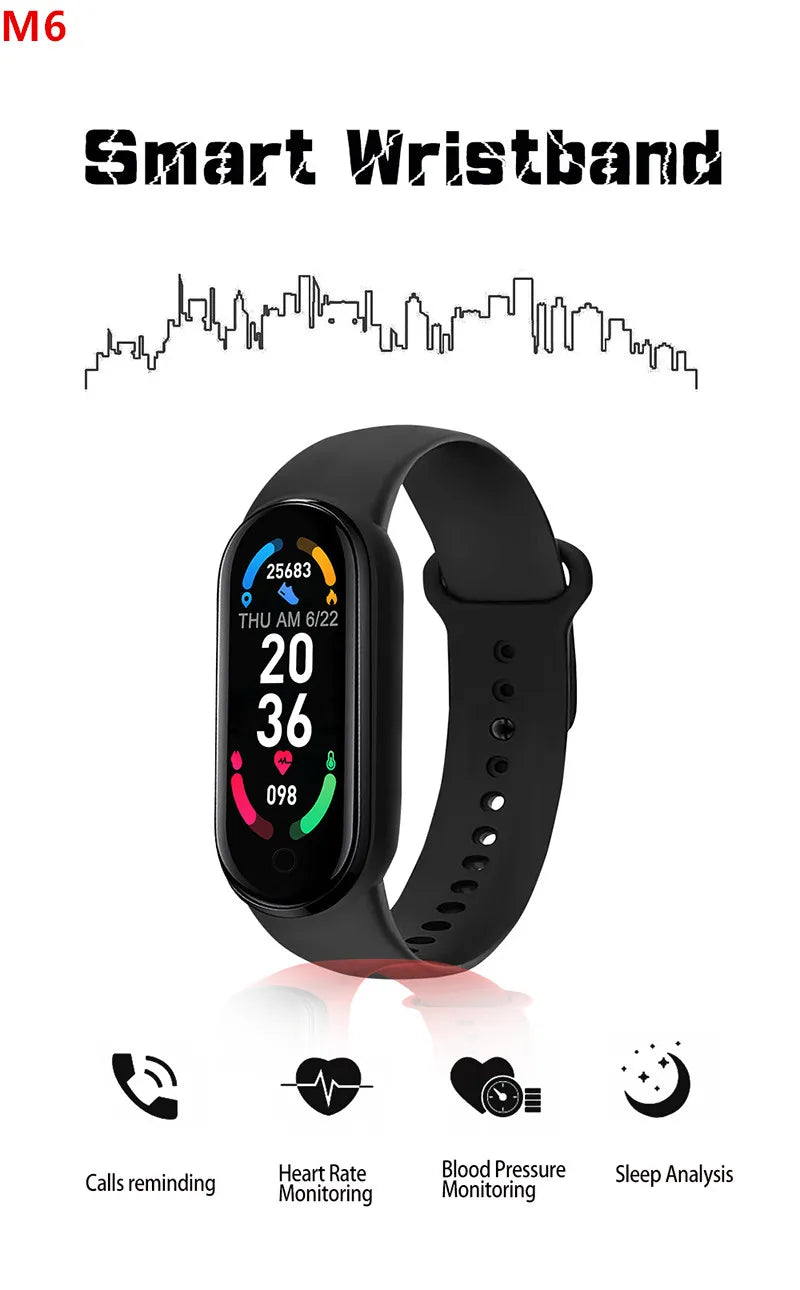Pulsera inteligente multifunción, monitor de ritmo cardíaco y presión arterial, podómetro, música, monitorización del sueño, reloj deportivo inteligente M6