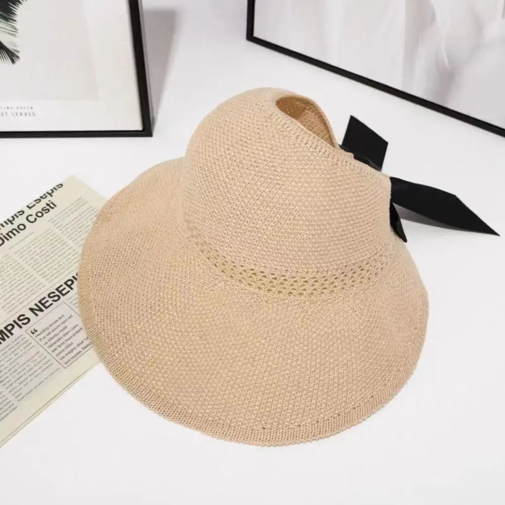 Chapeau de soleil à nœud creux tendance pour femme, large bord, queue de cheval, casquette de plage, protection UV, crochet