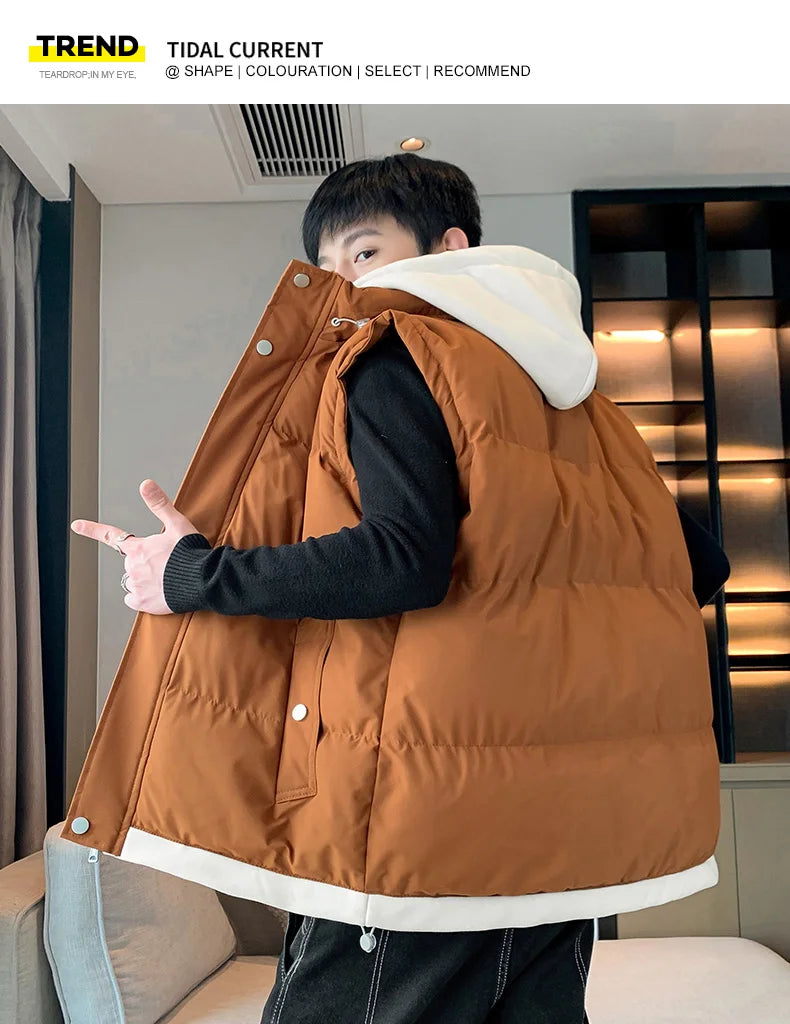 Chaleco cortavientos con capucha para hombre, chaqueta sin mangas, chaqueta de invierno, abrigo informal, chaleco grueso de algodón y plumón para hombre, abrigo grueso