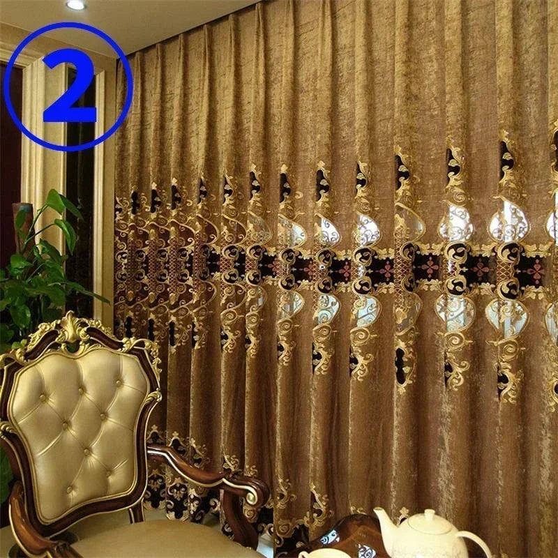 Cortinas de chenilla de terciopelo marrón y dorado
