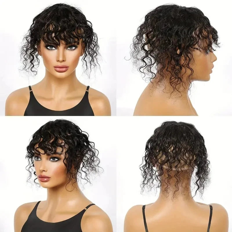 Topper Cheveux Humains Frisés Crépus Noirs Naturels Avec Frange Pour Femmes Aux Cheveux Fins Invisible Partie En T Extensions À Clipser