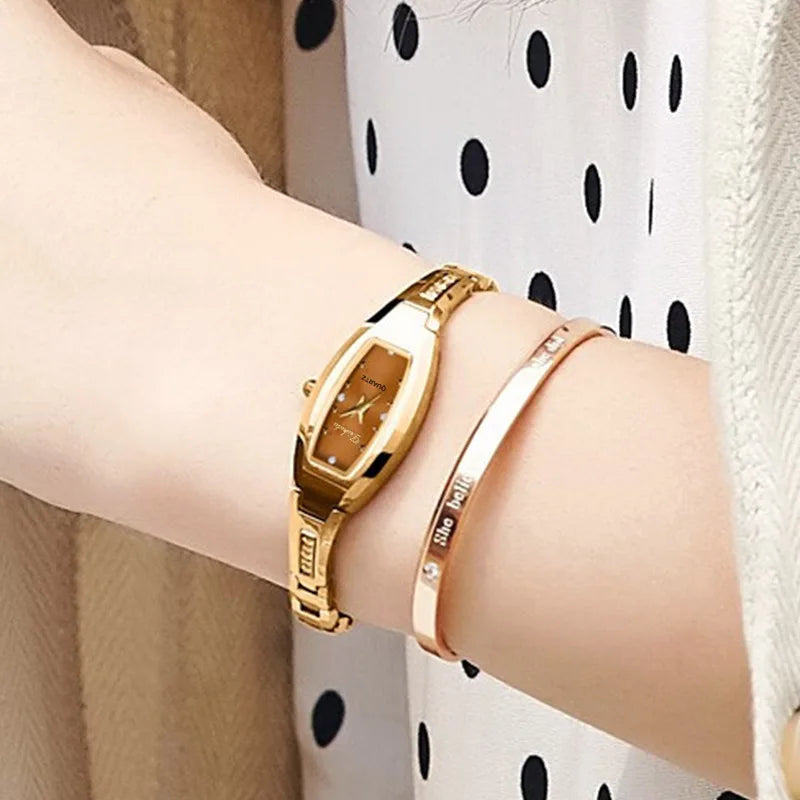 Petites montres-bracelets pour femmes, style rétro doré, bracelet en acier vintage, à quartz noir