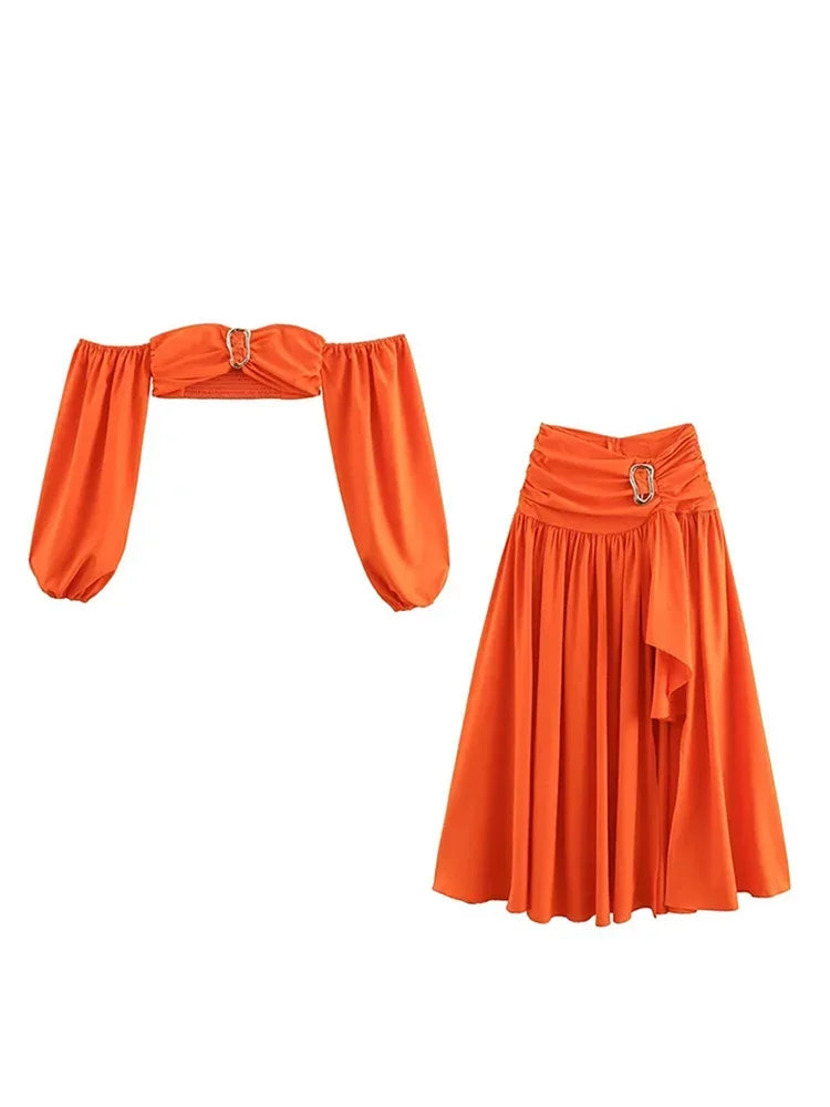 Sexy Bikini Top Skirt Set Women Long Lantern Sleeve Off Shoulder Cropped Tops Pleated Split Skirts 2025 Summer Lady Beach Outfit