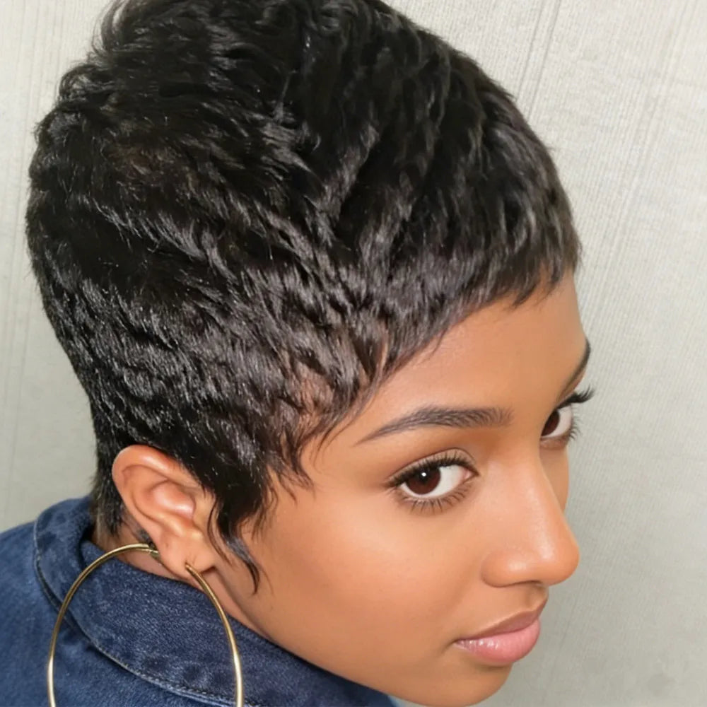 pixie cut short straight layered brown black burgundy color for women human hair wig machine made daily party use wig