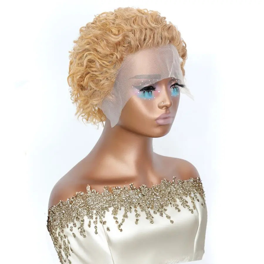 Honey Blonde #27 Short Pixie Cut Wigs 13x1 Lace Front Short Layered Pixie Wig for Daily Wear 100% Human Hair Transparent Lace