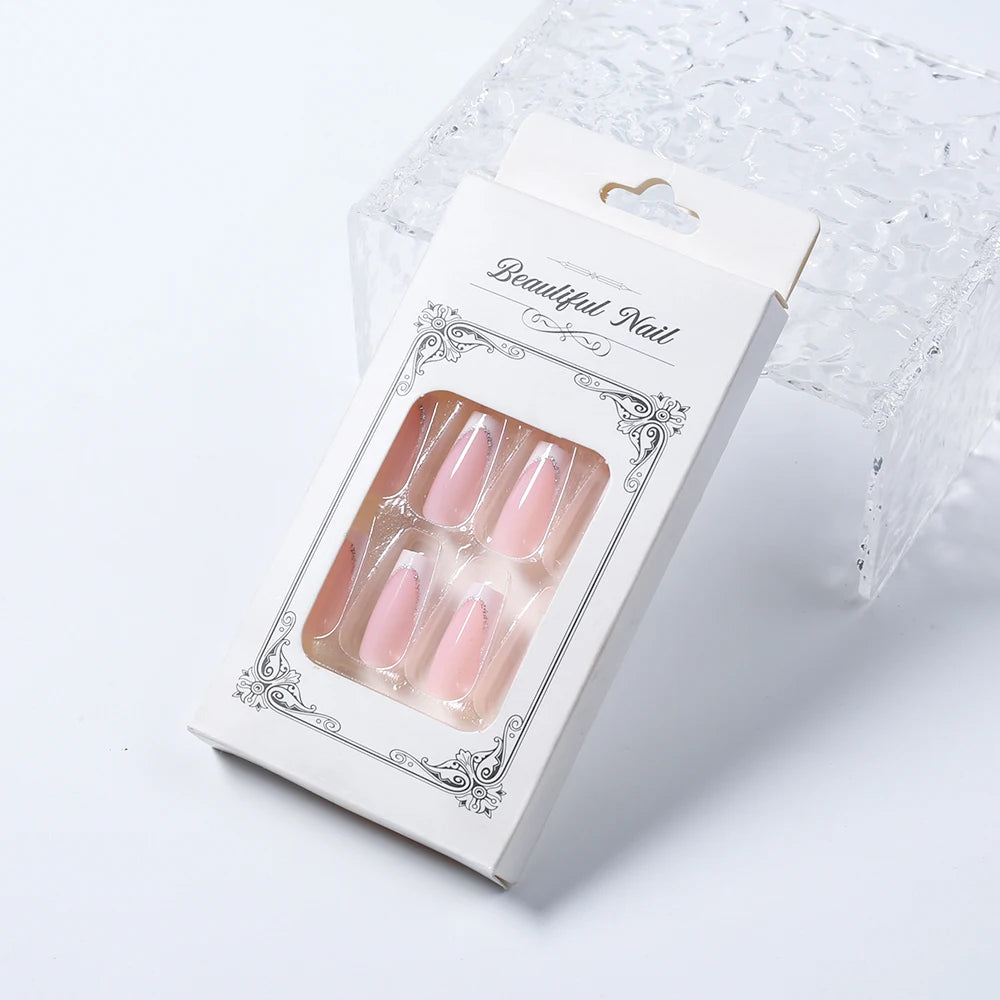 24 Pcs Uñas postizas cuadradas cortas estilo ataúd, uñas postizas francesas con brillo, uñas acrílicas de cubierta completa para mujer, puntas de uñas a presión tipo ballet