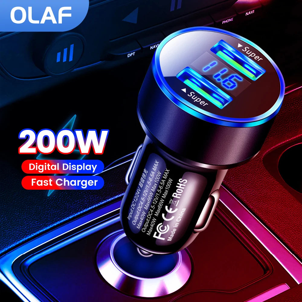 Olaf 200W Car Charger Lighter Dual USB Ports Fast Charging Adapter For IPhone 15 Samsung Xiaomi Huawei Quick Car Phone Charger