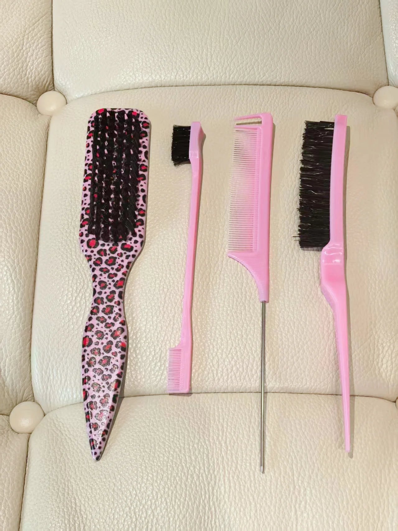 4PCS Leopard Print Hair Brush Set, Detangling Brush, Slick Back Hair Brush & Edge Comb, Hair Styling Accessories for Women