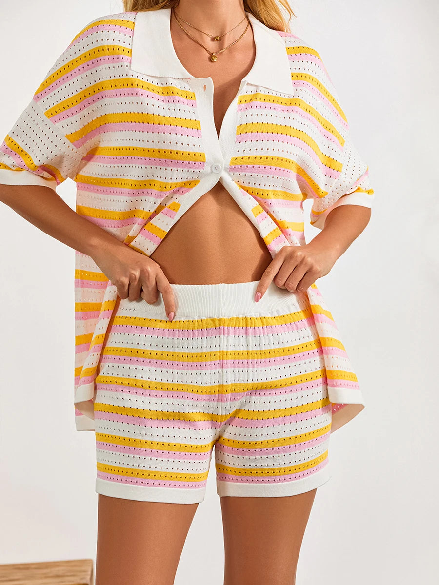 Conjunto de Pijama de Mujer de 2 Piezas Trajes de Salón Verano Rayas Contraste de Color Botón Tops de Punto de Ganchillo y Pantalones Cortos Conjuntos de Salón Playa