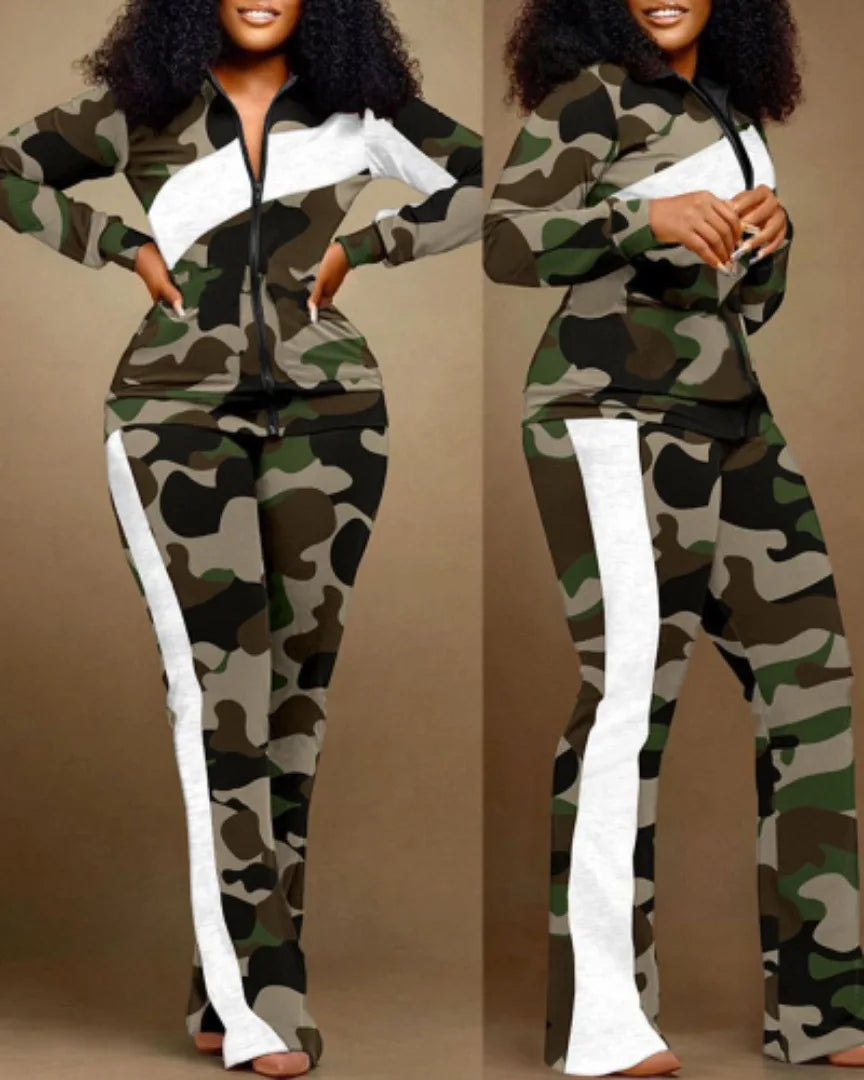 Conjunto de dos piezas para mujer, ropa de otoño, estampado geométrico, cuello levantado, manga larga, top con cremallera y conjunto de pantalón deportivo casual