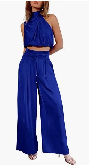 Ensemble deux pièces pour femme, pantalon ouvert au nombril, haut sans manches en soie plissée, pantalon large, ensemble assorti d'été 2024