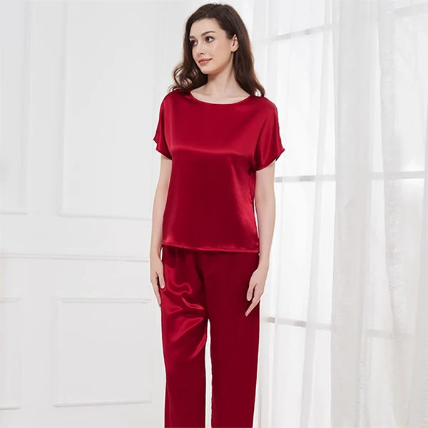 Conjunto de pijama de 2 piezas para mujer, pantalones capri, top de manga corta, seda de morera de 19 mommes, ropa de dormir, pijamas, ropa de estar por casa M-3XL