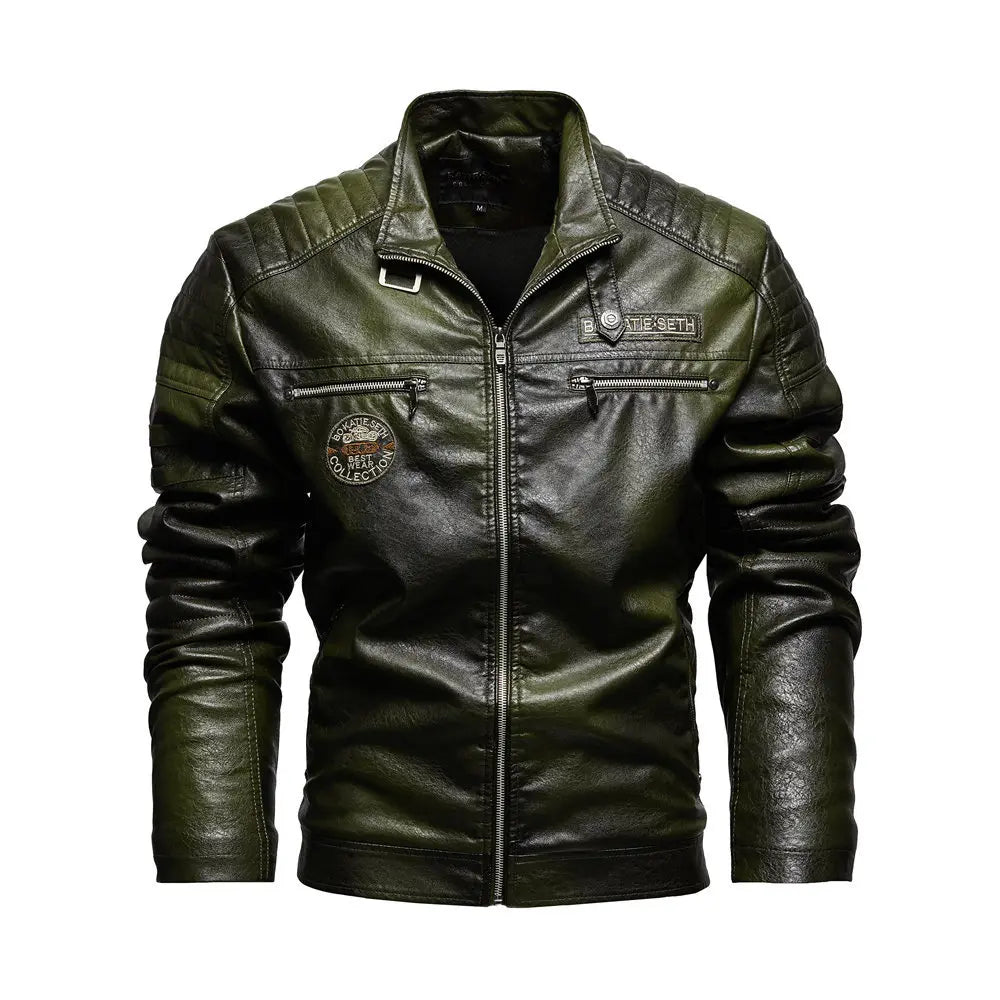 Chaqueta de Motociclista para Hombre, Chaquetas de Cuero PU para Motociclista con Forro Polar, Cortavientos de Moto para Hombre, Cuello Levantado, Chaquetas Casuales