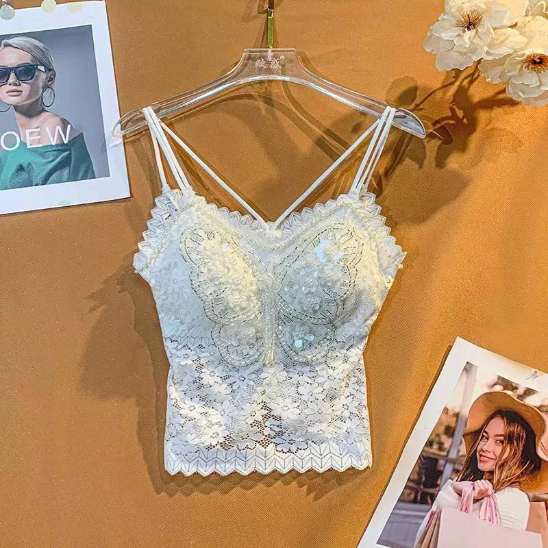 Ropa de mujer, top corto sexy con abalorios pesados y estampado floral, top de encaje de mariposa, top corto que deja el ombligo al descubierto, camiseta de tirantes de verano.