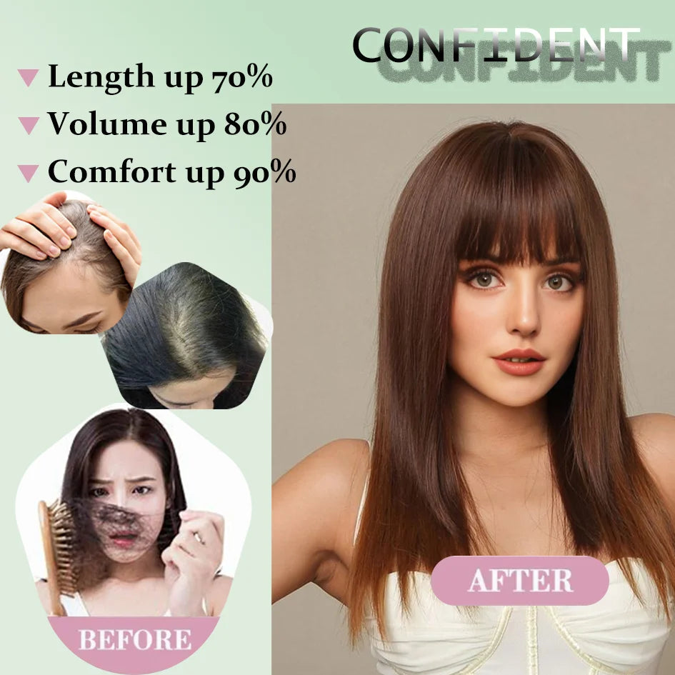 Syntetisk dameparykk med rett hår, 25 cm/30 cm pannelugg, topperstatning, tre kort, svart parykk/brun parykk/beige parykk/khaki parykk