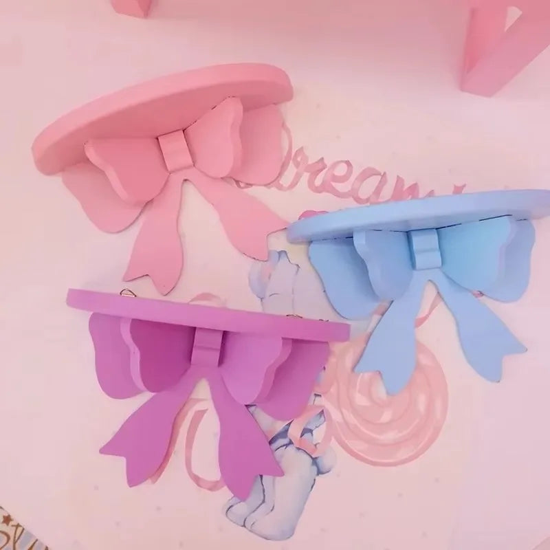 Wooden Decorative Shelves Girls' Room Organizer Holder Pink Wall Shelf Decor Frame Bows Decoration Wooden Storage Rack