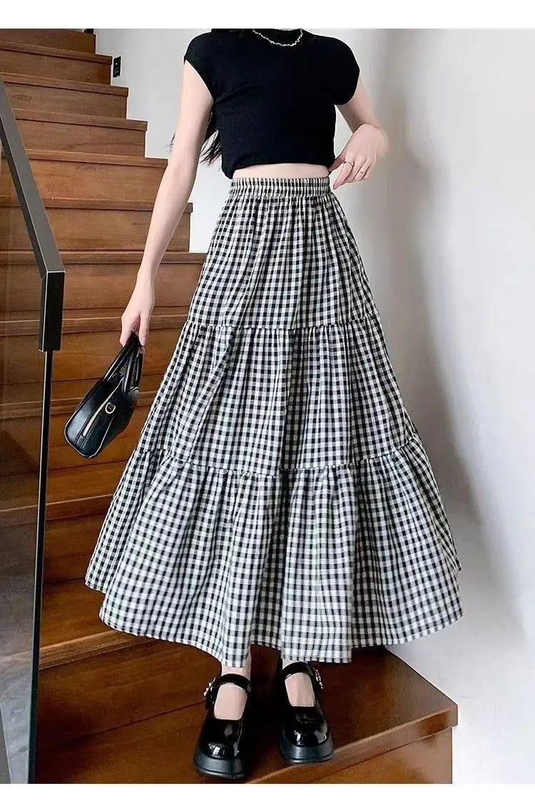 Jupe patchwork à volants pour femme, style vintage, à carreaux, taille haute, élastique, amincissante, mi-longue, été