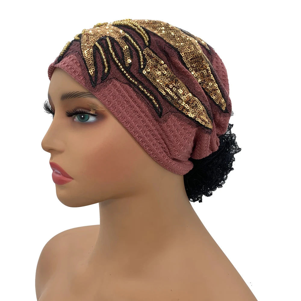 Sombrero turbante de encaje floral con diamantes de lujo, transpirable, pañuelo, gorro, envolturas para la cabeza, gorro de punto para mujer, cubierta para el cabello