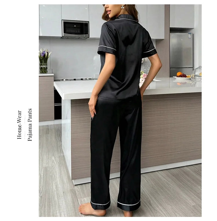Conjuntos de pijama para mujer, otoño, manga corta, top con botones y pantalones, ropa de dormir de 2 piezas, conjunto de pijama con botones, ropa de casa, ropa de estar de satén