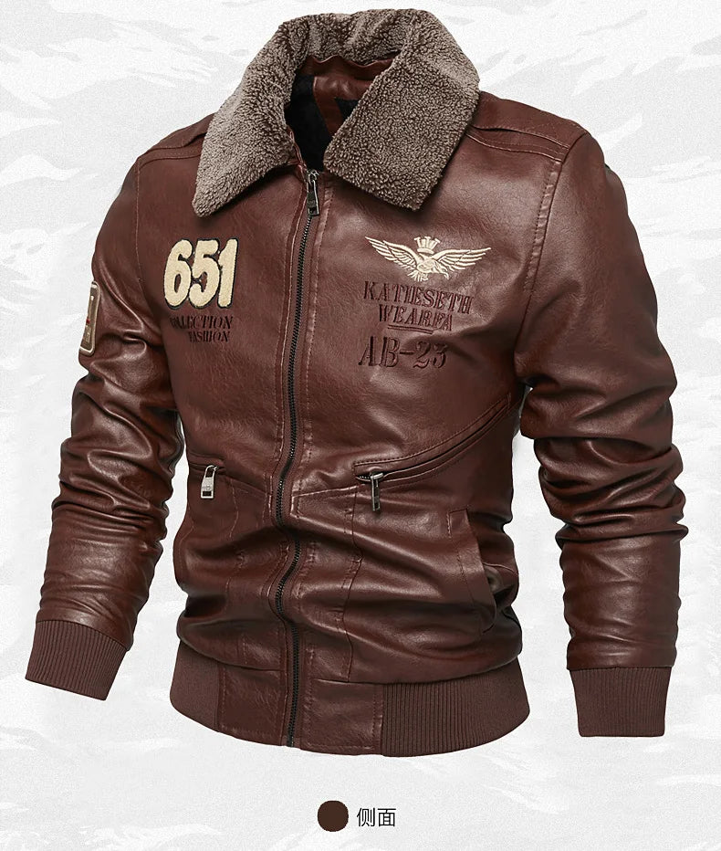 Chaquetas de moto para hombre de moda otoño/invierno casual de cuero bordadas estilo aviador en invierno terciopelo PU Jacke