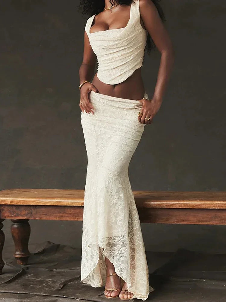 Ensemble 2 pièces jupe longue en dentelle et bandage pour femme, mode patchwork, dos nu, taille haute, élégant, à lacets