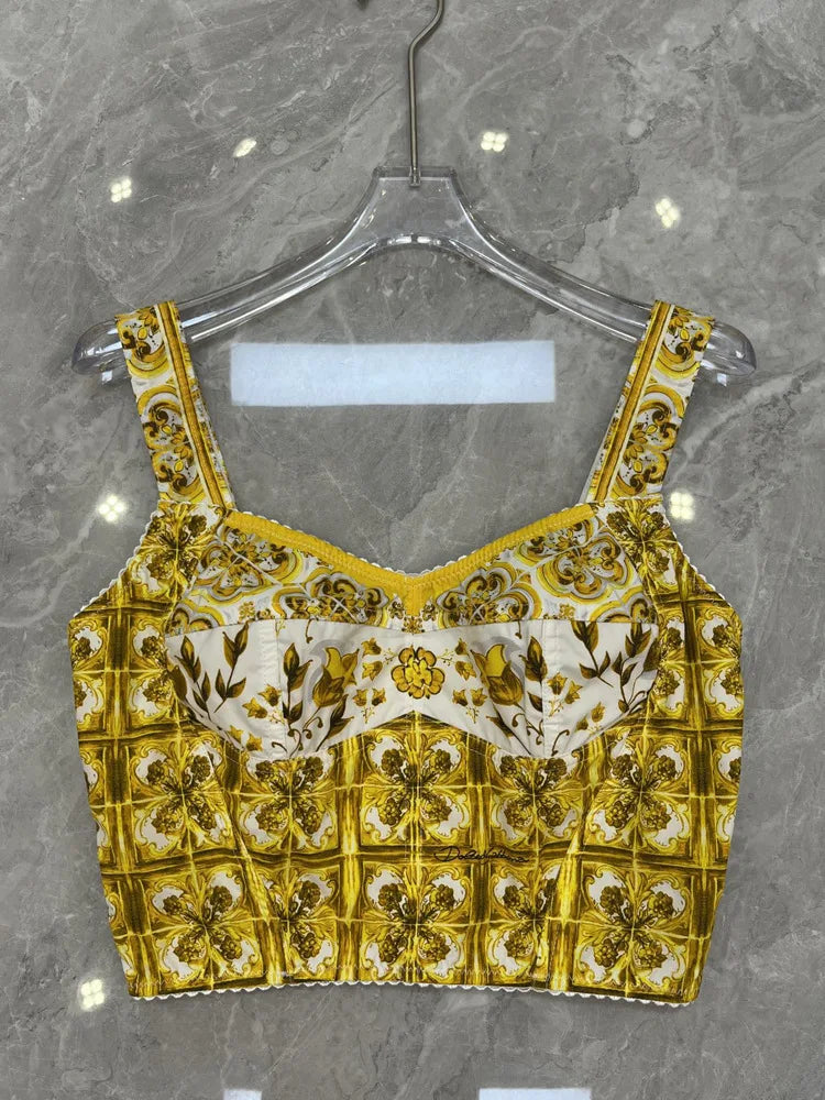 Designer Women's Cotton Corset Top & Mini Skirt Set | Yellow Porcelain Print | Summer Beach Vacation Outfit
