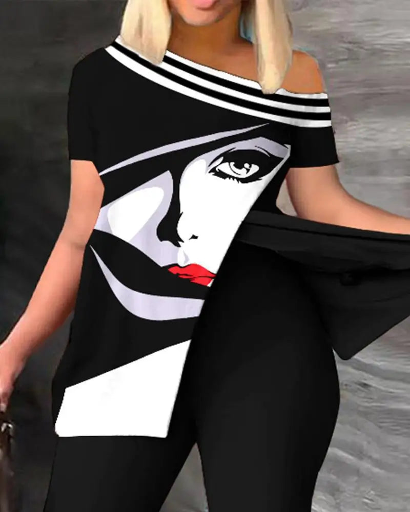Conjuntos de dos piezas elegantes para mujer, nueva moda, estampado, top de manga con volantes, conjunto de pantalones de color sólido con cinturón, blusas, ropa femenina