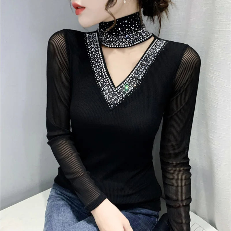 Jersey de cuello alto de malla Otoño Invierno – Elegante y elástico