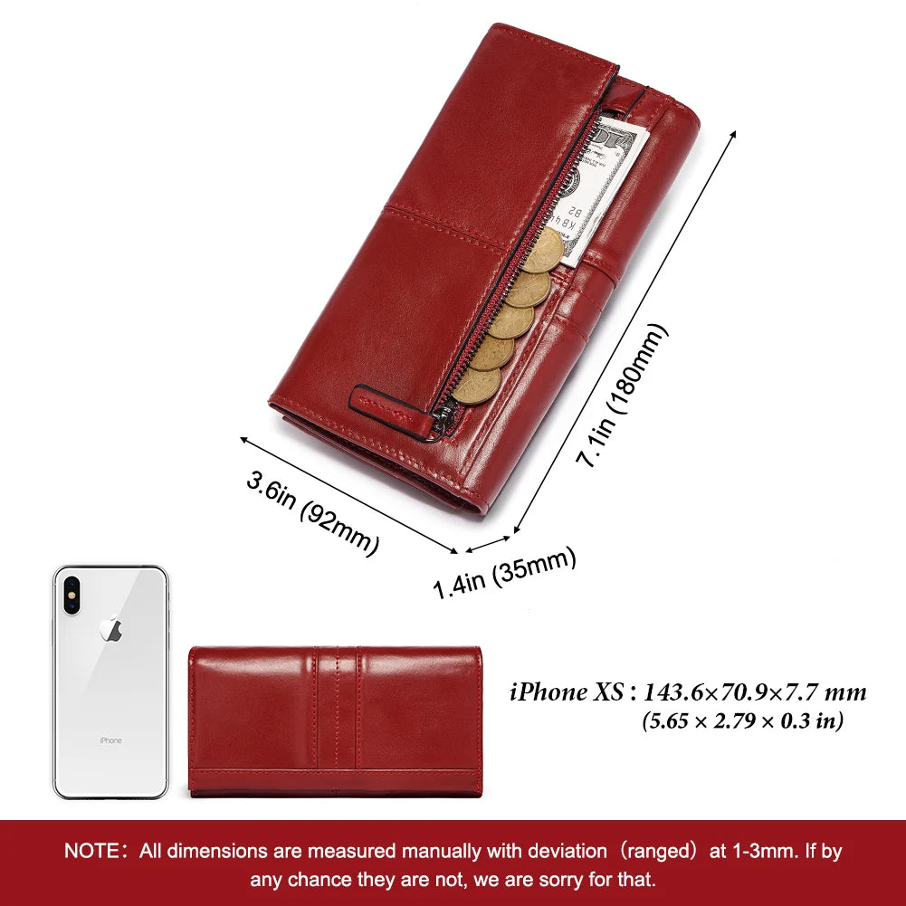 KAVIS Cartera de cuero genuino de marca de lujo para mujer, embrague largo con bolsa para teléfono celular, RFID, moda, rojo, tarjetero, bolso