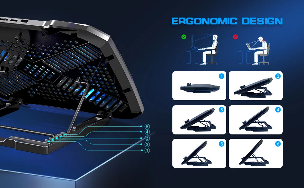Soporte de refrigeración para portátil COOLCOOLD para portátiles de 12 a 17 pulgadas, 5 ventiladores silenciosos, ángulo ajustable en 5 posiciones con soporte para teléfono
