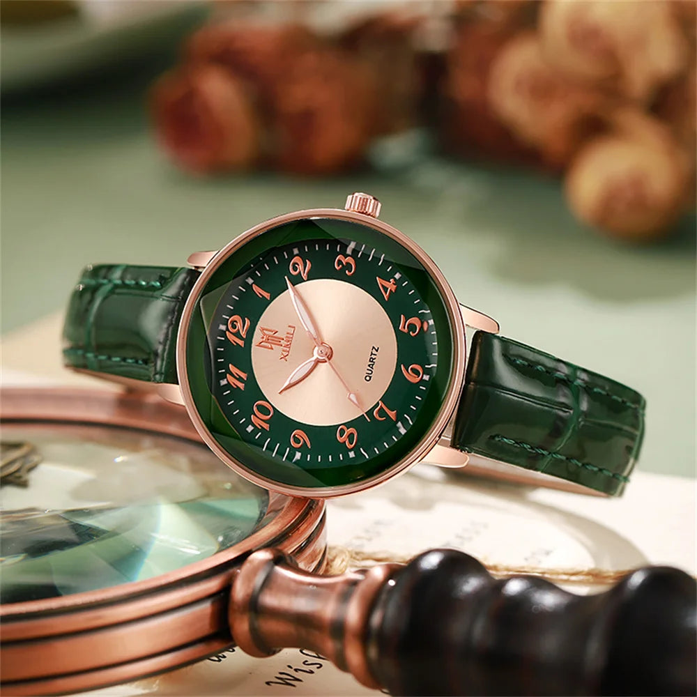 Reloj de mujer sencillo con números arábigos, reloj de cuarzo, moderno, de cuero rosa, para señora, reloj de pulsera de negocios