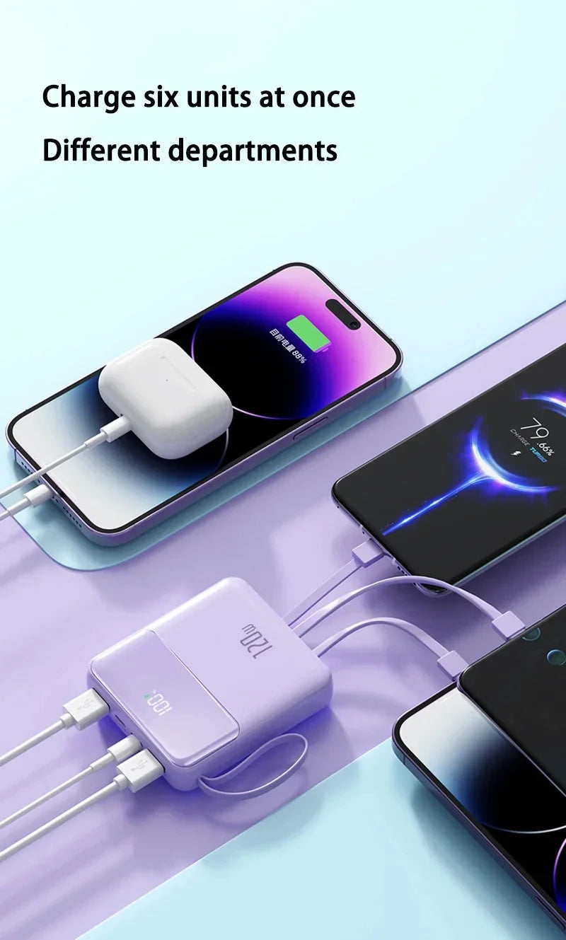 Bærbar powerbank 50000mAh 120W superrask lading mobil eksternt batteri med fire kabler lader egnet for iPhone Xiaomi