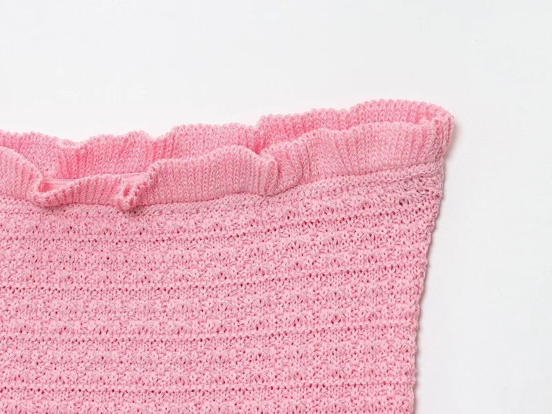 MUJER Conjunto de Falda Tejida Rosa 2 Piezas Falda Larga Plisada para Mujer Top con Volantes sin Hombros Conjunto de Faldas para Mujer Atuendo de Verano